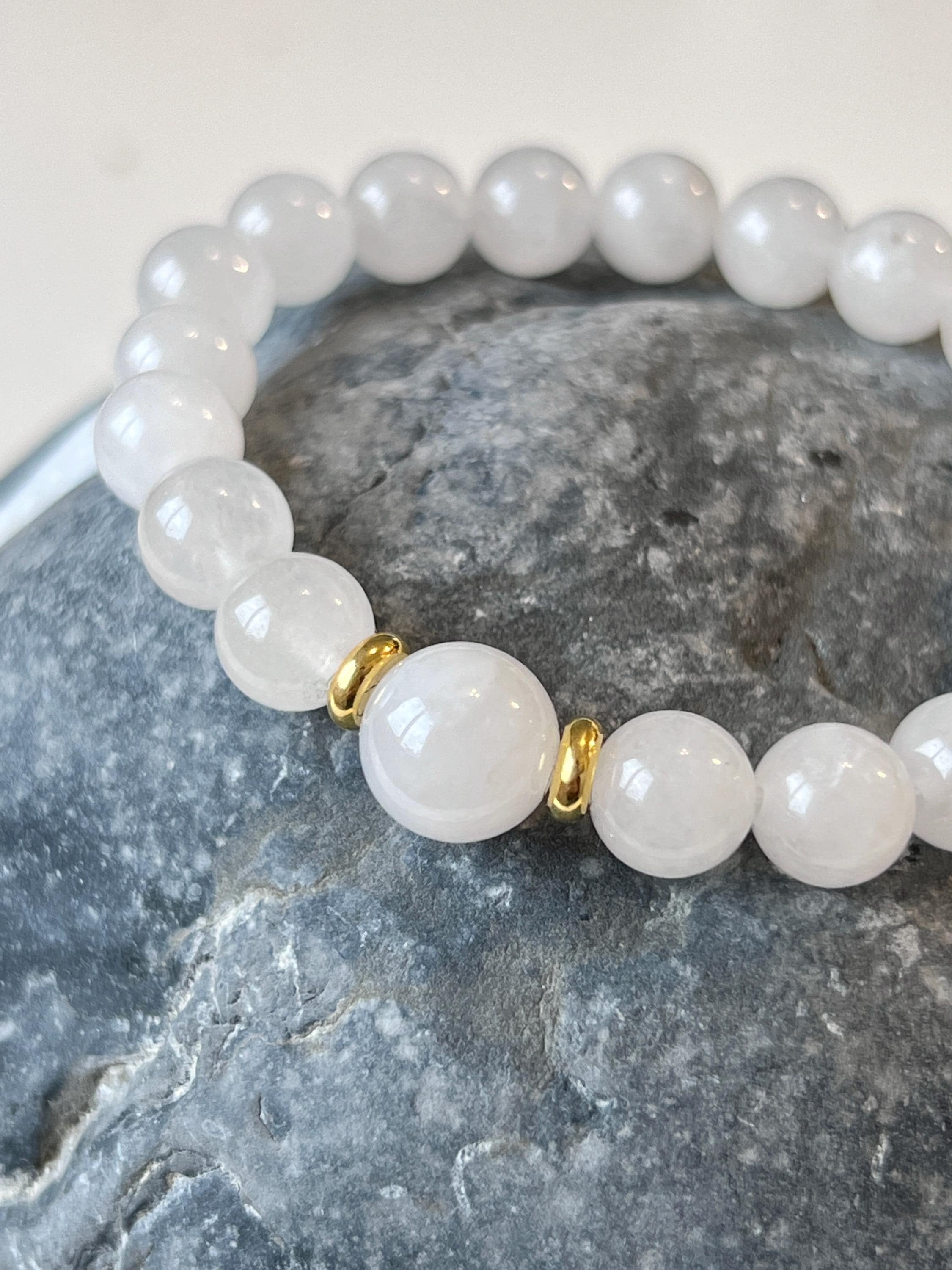 Genuine White Jade Bracelet with 18k Gold for Healing & Protection 8mm White Gemstone Bracelet Lucky Jade Bracelet For Abundance