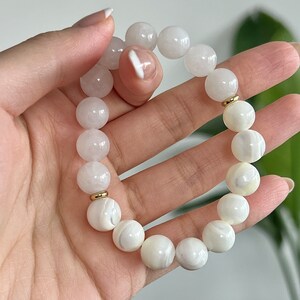 White Bead Bracelet with White Jade & Mother of Pearl 10mm Calming Energy Bracelet for Protection and Love White Crystal Healing Bracelet image 2