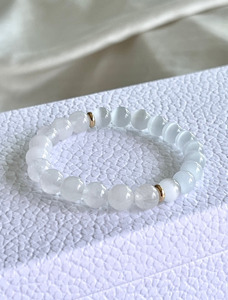 Selenite & White Jade Bracelet for Calmness and Clarity 8mm Natural White Gemstone Bracelet for High Vibrational Energy and Spiritual Growth image 1