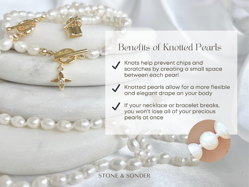 Benefits of Knotted Pearls
Knots help prevent chips/scratches by allowing small space between each pearl
Knotted pearls create more flexible/elegant drape on body
If your necklace/bracelet breaks you won’t lose all of your precious pearls at once