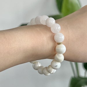 White Bead Bracelet with White Jade & Mother of Pearl 10mm Calming Energy Bracelet for Protection and Love White Crystal Healing Bracelet image 3