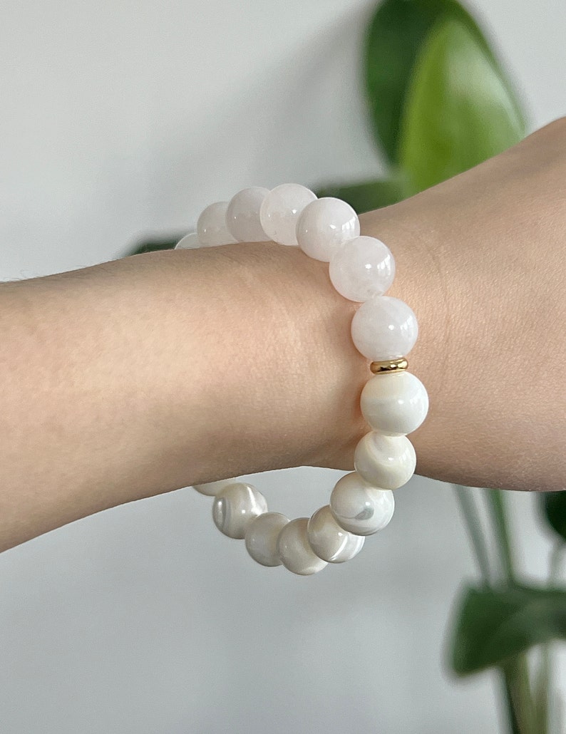 White Bead Bracelet with White Jade & Mother of Pearl 10mm Calming Energy Bracelet for Protection and Love White Crystal Healing Bracelet image 3