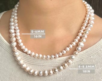 Geknotete Perlenkette, Hochzeitsperlenkette, 18 Karat Gold, verstellbare Süßwasserperlenkette (5–6 mm, 8–8,5 mm), Geschenk für Sie