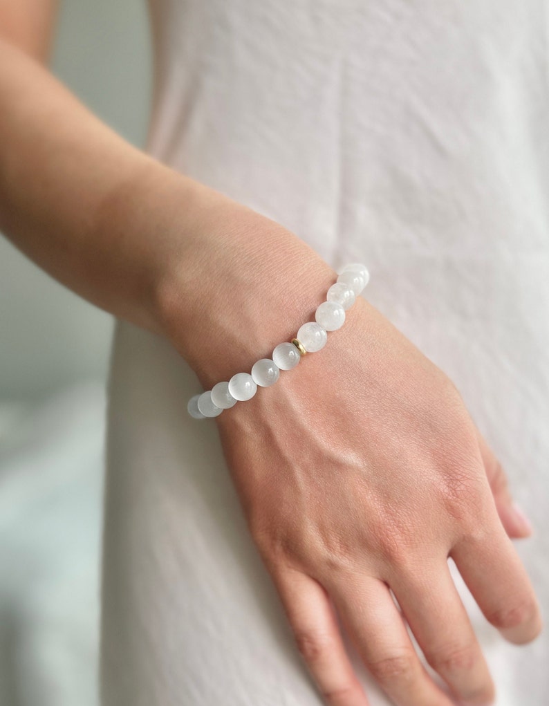 Selenite & White Jade Bracelet for Calmness and Clarity 8mm Natural White Gemstone Bracelet for High Vibrational Energy and Spiritual Growth image 3