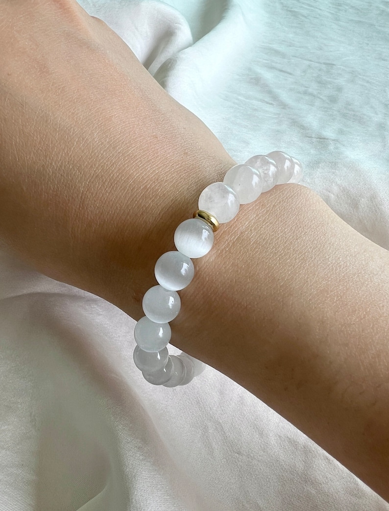 Selenite & White Jade Bracelet for Calmness and Clarity 8mm Natural White Gemstone Bracelet for High Vibrational Energy and Spiritual Growth image 5