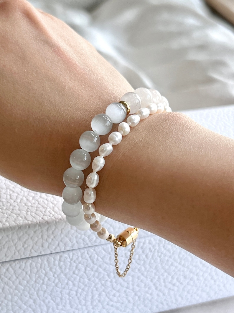Selenite & White Jade Bracelet for Calmness and Clarity 8mm Natural White Gemstone Bracelet for High Vibrational Energy and Spiritual Growth image 7