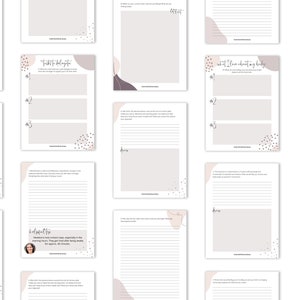 May include: A printable set of journal prompts with a pink and white color scheme. The prompts include "Things to delegate", "What I love about my body", and "Helpful tip".