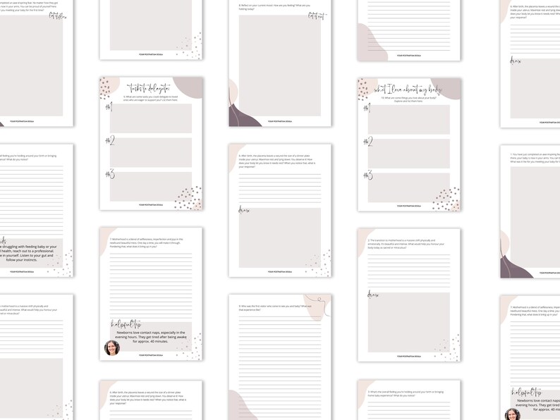 May include: A printable set of journal prompts with a pink and white color scheme. The prompts include "Things to delegate", "What I love about my body", and "Helpful tip".