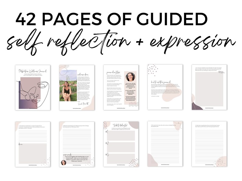 May include: A digital journal with 42 pages of guided self-reflection and expression. The journal features a minimalist design with pink and white accents. The cover page includes a line drawing of a face and the text "Intentional Wellness Journal".