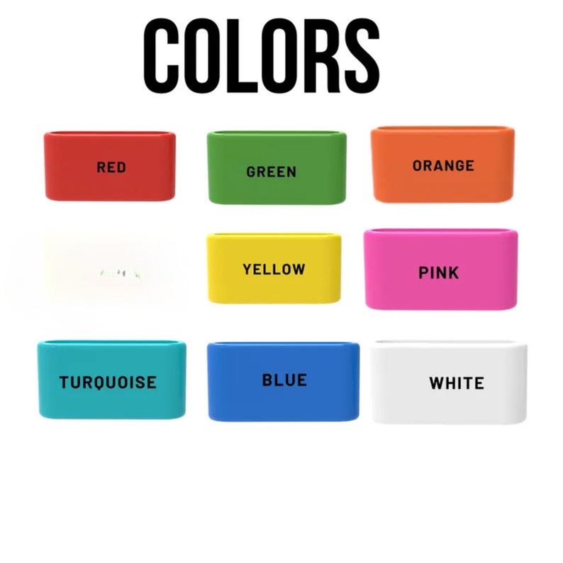 May include: A collection of eight rectangular silicone bands arranged in a grid, each labeled with its color: red, green, orange, yellow, pink, turquoise, blue, and white. The word COLORS is printed in large black letters at the top of the image.