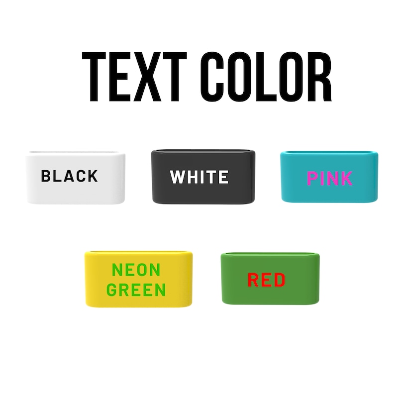 May include: Five rectangular silicone bands arranged in two rows. The top row features a white band with black text, a black band with white text, and a teal band with pink text. The bottom row shows a yellow band with green text and a green band with red text.