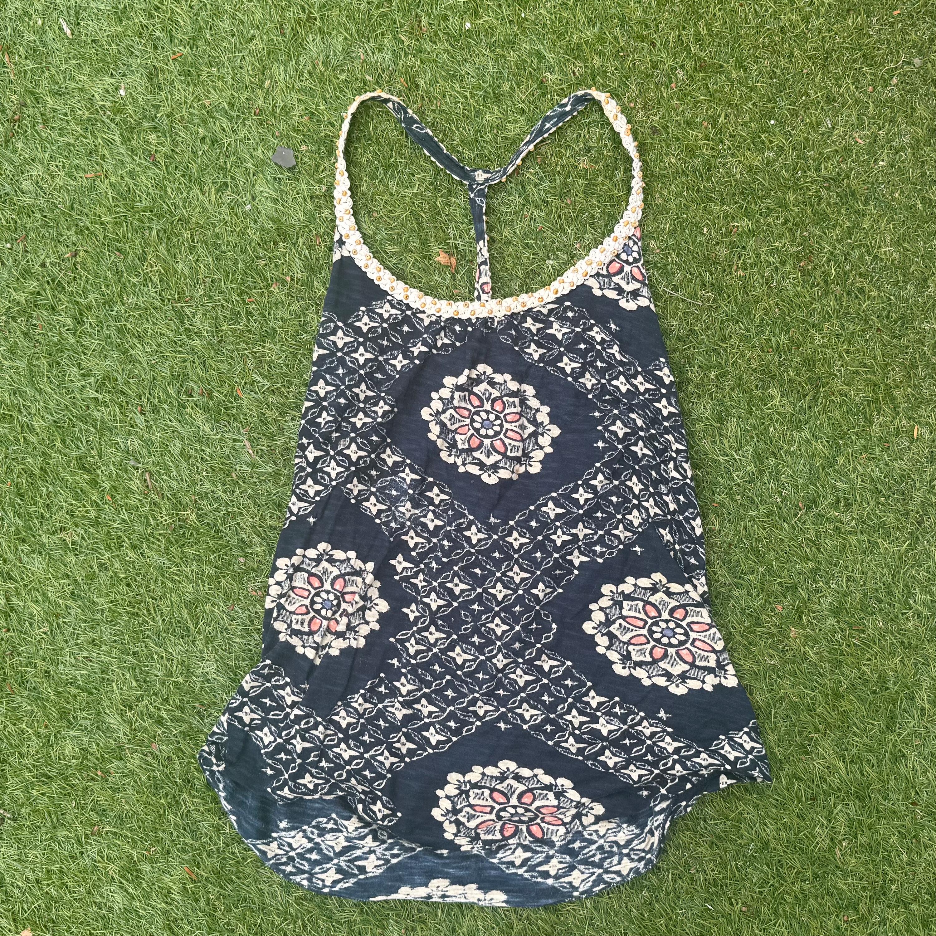 Boho Lucky Brand Tank Top | Small | 100% Cotton | Crochet Racerback | India Block Print | Festival Style