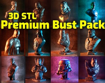 May include: A collection of 3D printable STL files for busts of popular characters, including Batman, Darth Vader, Spider-Man, Thanos, Captain America, Deadpool, Stormtrooper, and Superman. The 3D STL files are labeled "3D STL Premium Bust Pack".
