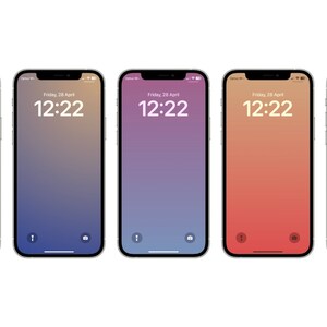 Puede incluir: Cinco smartphones mostrando diferentes fondos de pantalla degradados. Cada teléfono muestra la hora 12:22 y la fecha viernes 28 de abril. Las pantallas presentan colores que van del azul y rojo al morado, naranja y verde.