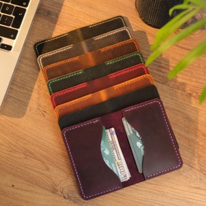 Tarjetero de cuero personalizado hecho a mano, tarjetero plegable delgado, billetera de cuero, billetera personalizada