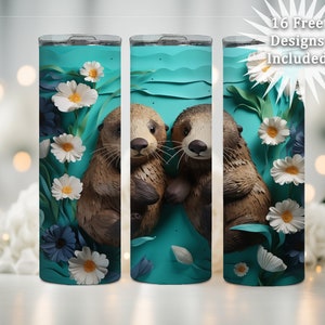 3D Sea Otters Holding Hands 20oz Sublimation Tumbler Designs, Sea Otter Design, Straight Skinny Tumbler Wrap PNG, Sublimation Design PNG