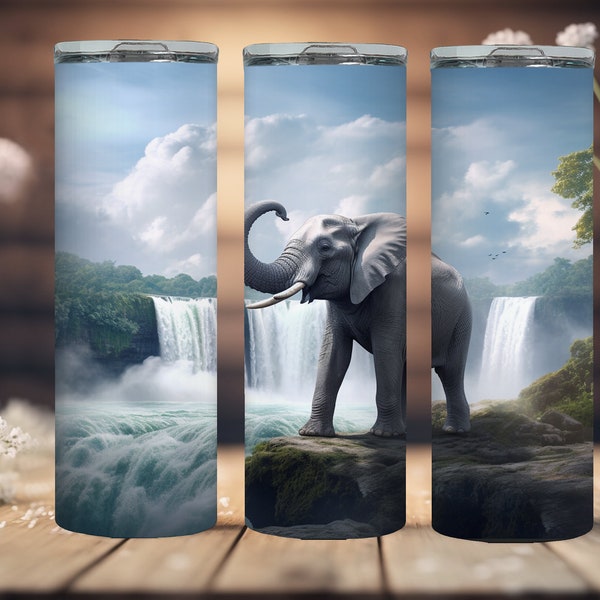 Elephant 20oz Sublimation Tumbler Designs, UHD Waterfall "9.3 x 8.2" Straight Skinny Tumbler Wrap PNG, Sublimation Design PNG