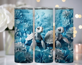 Diseños de vaso de sublimación de tortugas marinas de bebé 3D de 20 oz, envoltura de vaso delgada recta bordada "9.3 x 8.2" PNG, diseño de sublimación PNG
