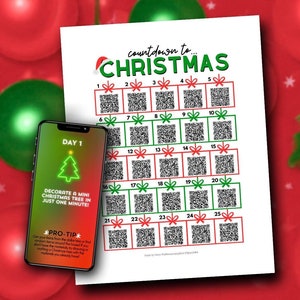 Pode incluir: Um calendário de advento imprimível com 25 códigos QR. Cada código leva a uma atividade natalina diferente. O calendário tem um fundo branco e é decorado com enfeites de Natal vermelhos e verdes. O texto "countdown to... CHRISTMAS" está no topo do calendário. O texto "Only $3.99!" está no canto superior direito do calendário. O texto "White background for easy printing!" está no canto inferior direito do calendário. O texto "Printable!" está no canto inferior direito do calendário. O texto "Digital Product!" está no canto inferior direito do calendário.