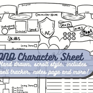 Dungeons and Dragons 5E Character Sheet - Hand Drawn Unique Character Sheet, Spell Slot Tracker, Character Detail Page included!