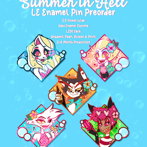 Hazbin Hotel Summer in Hell Cuties PREORDER | 2.4” Enamel Pin || LE50 || Lucifer, Alastor, Husk, Angeldust, Charlie, Enamel Pins, Hellaverse