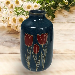 Vintage OTAGIRI Japan Red Tulips Cobalt Blue Small 4” Bud Vase Gold Accent Motif