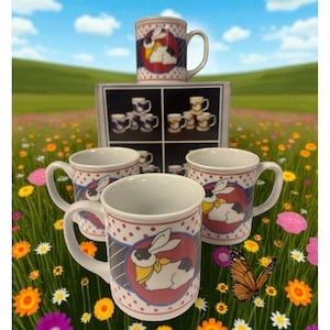 May include: A set of ceramic mugs featuring a rabbit design. The mugs have a white background with red polka dots and a rabbit illustration in a red circle. The set includes a display box with images of the mugs.