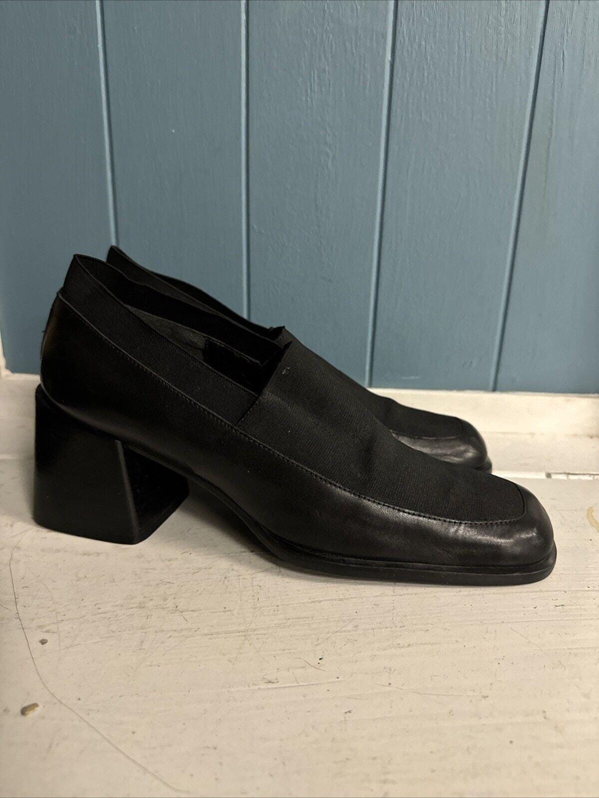 90s 00s y2k ブラックレザー ローファー タッセルローファー Vintage Y2K 90s Chunky Heel Square Toe Loafer Black Leather Slip