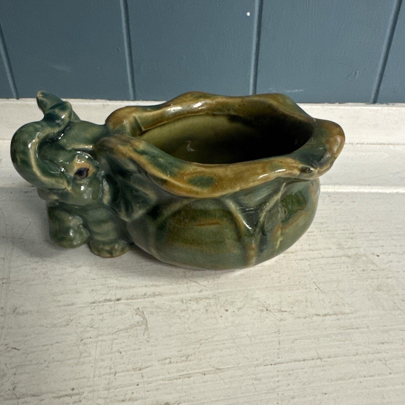 Vintage Majolica Baby Elephant Planter Trunk up Good Luck Bamboo Green ...