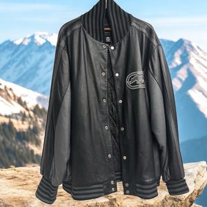 Raro giubbotto in pelle vintage Y2K Ecko Varsity Bomber da uomo, taglia 4XL, nero e grigio