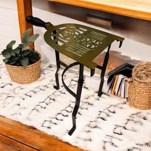 Vintage Brass Iron Hearth Fireplace Kettle Trivet w/Wood Handle Tripod Stand