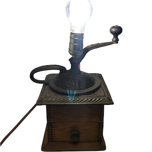 Vtg LAMP Antique Wood Coffee Bean Burr Grinder Mill Manual Cast Iron Hand Crank
