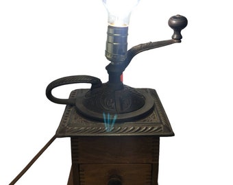 Vtg LAMP Antique Wood Coffee Bean Burr Grinder Mill Manual Cast Iron Hand Crank