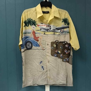 Tori Richard heren maat M vliegtuig auto koffers reisshirt met knoopsluiting