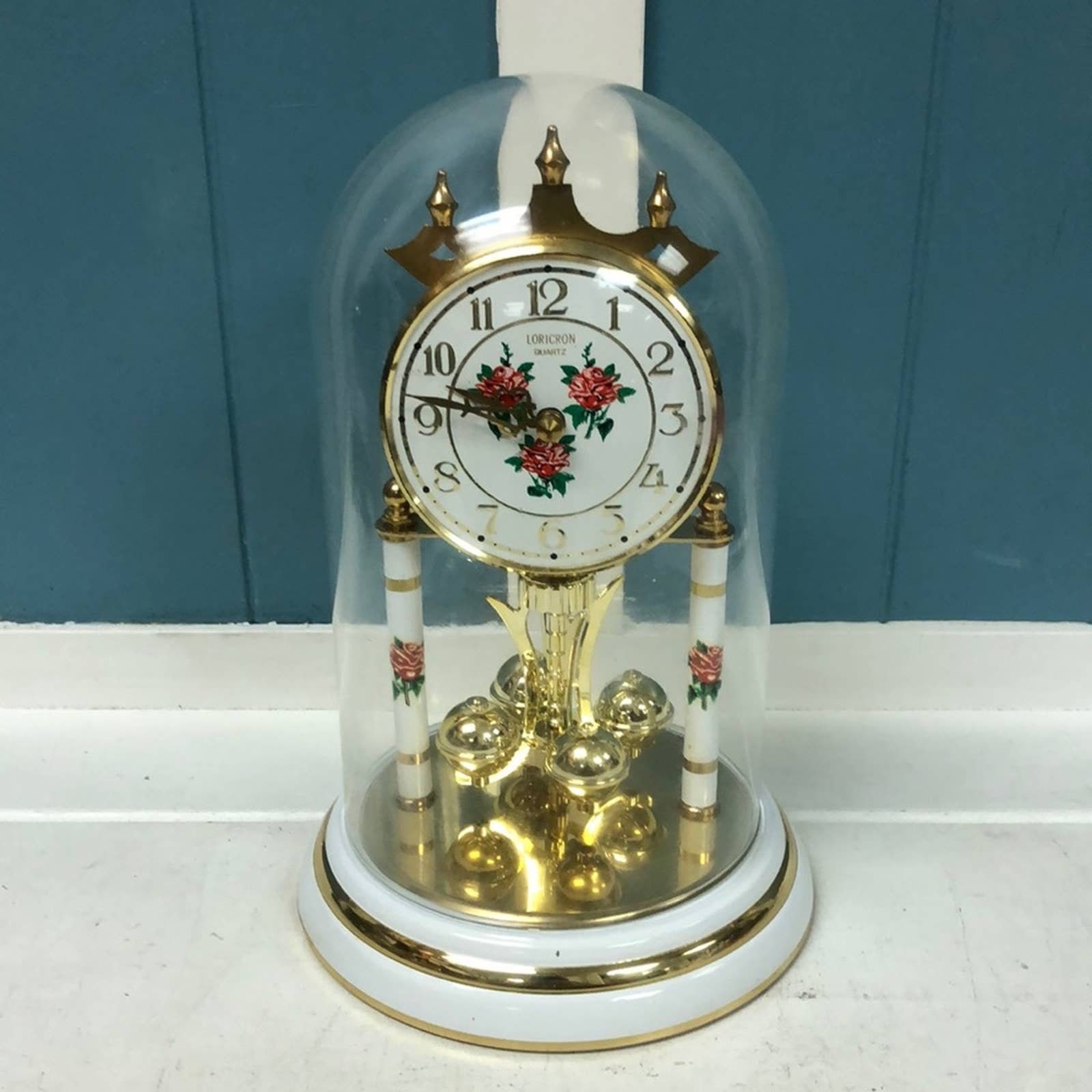 Vintage Loricron Glass Dome Floral Roses Quartz Anniversary Clock