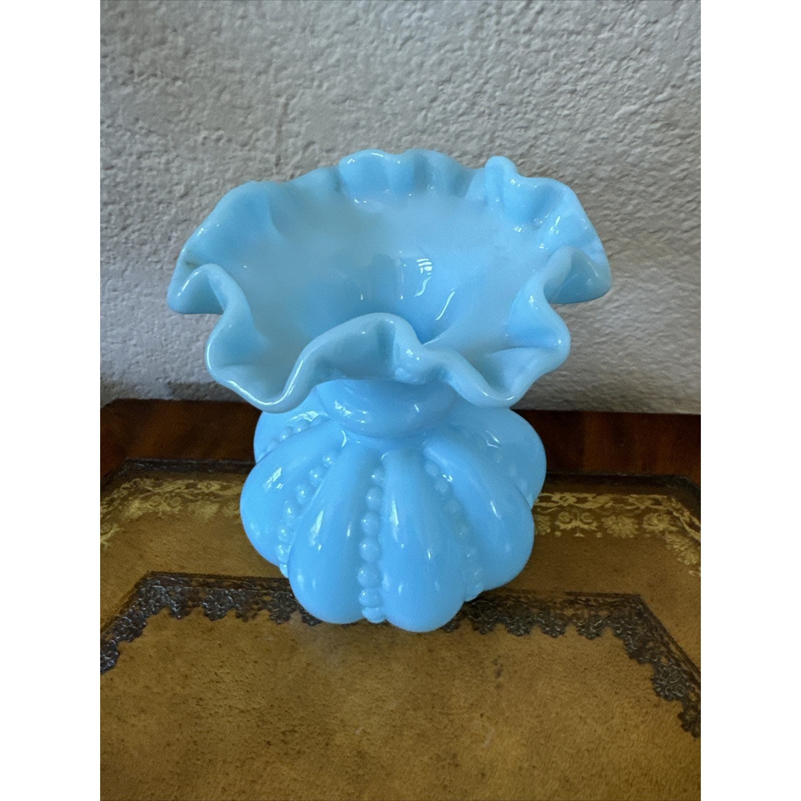 1970s Rare Fenton Blue Milk Glass Beaded Melon Double Crimped