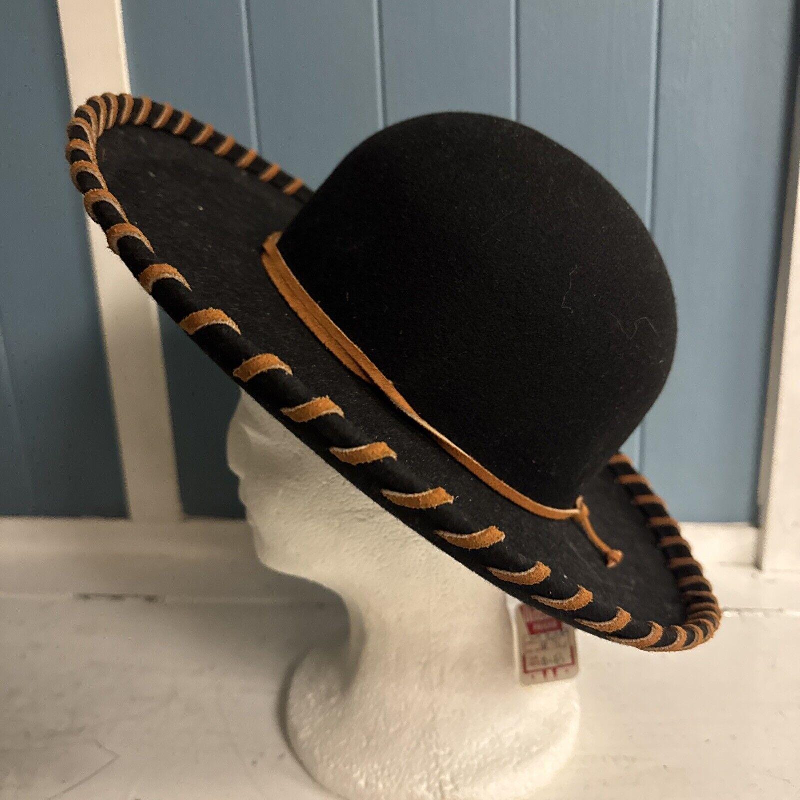 Vintage 100% Wool Black Wool Brown Leather Hat Doeskin Felt  display picture 1