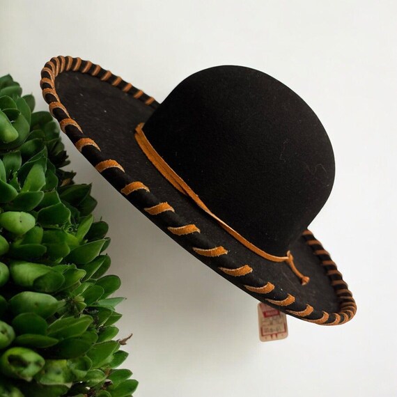 Vintage 100% Wool Black Wool Brown Leather Hat Doeskin Felt  display picture 2