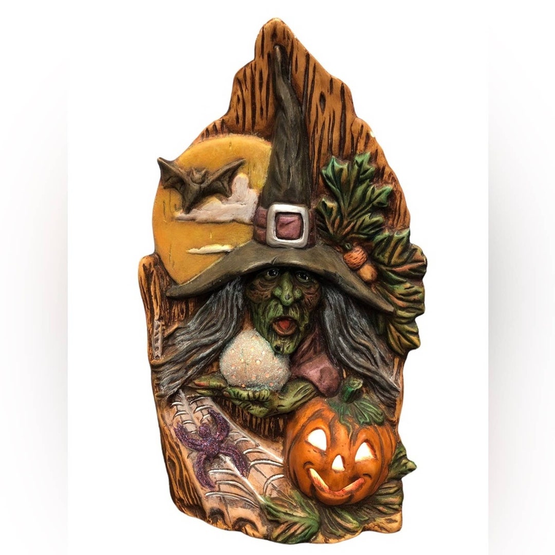 Vintage Halloween Light up Ceramic Witch in Tree Stump Chalkware Etsy