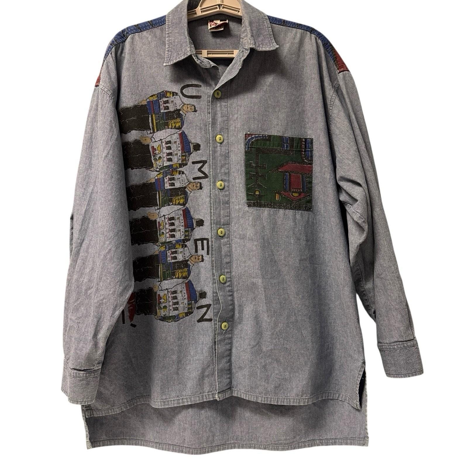 Vtg 90s Umen Posse Abstract Hip Hop Long Sleeve Denim Shirt