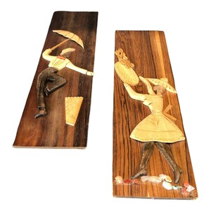 Vtg African Set Girl & Boy Folk Art Scroll Cut Hand Carved Wood Plaque RARE