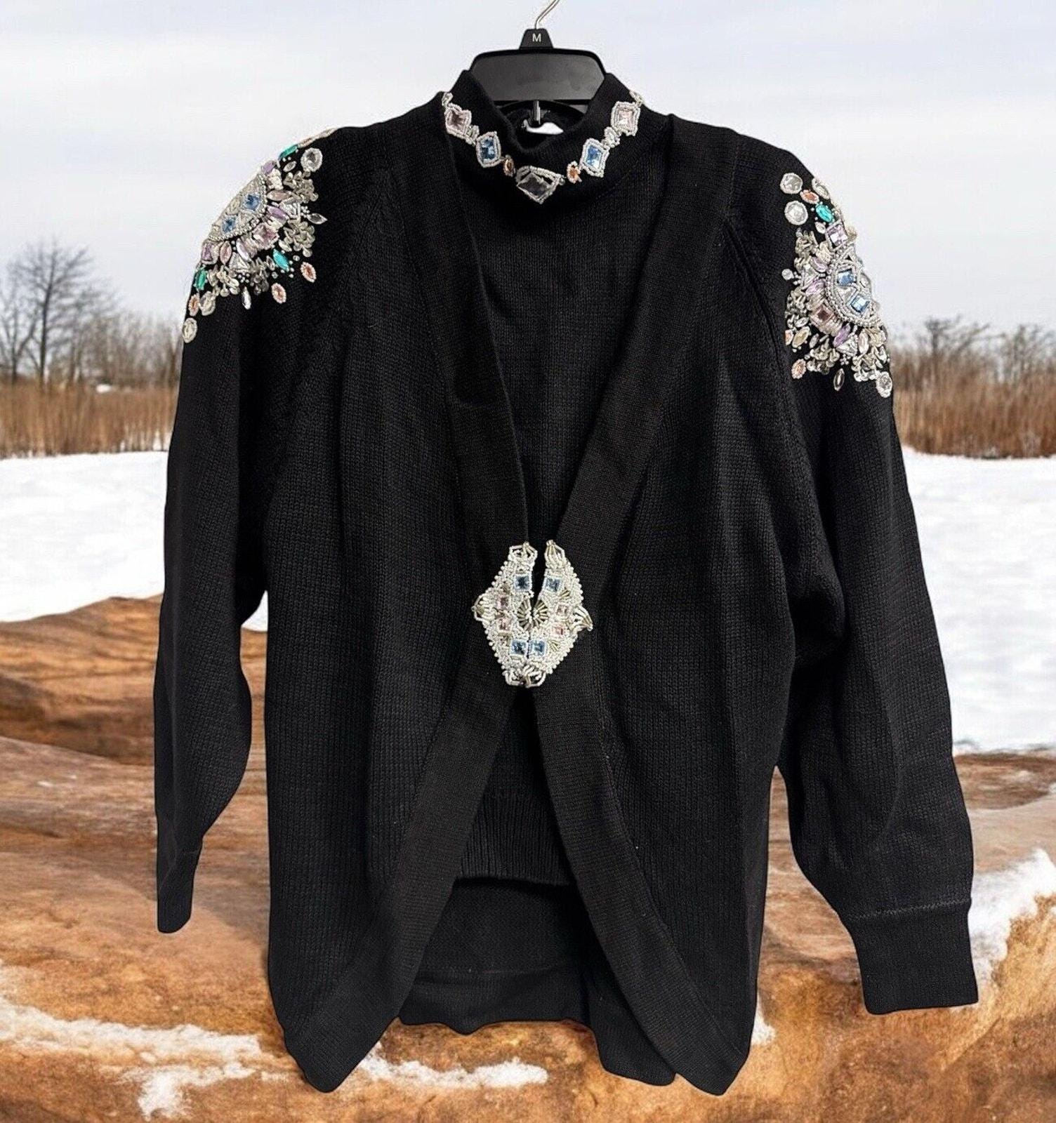 Vintage 80s 2 Pc Cardigan Sweater Set M Beaded Bejeweled Bling