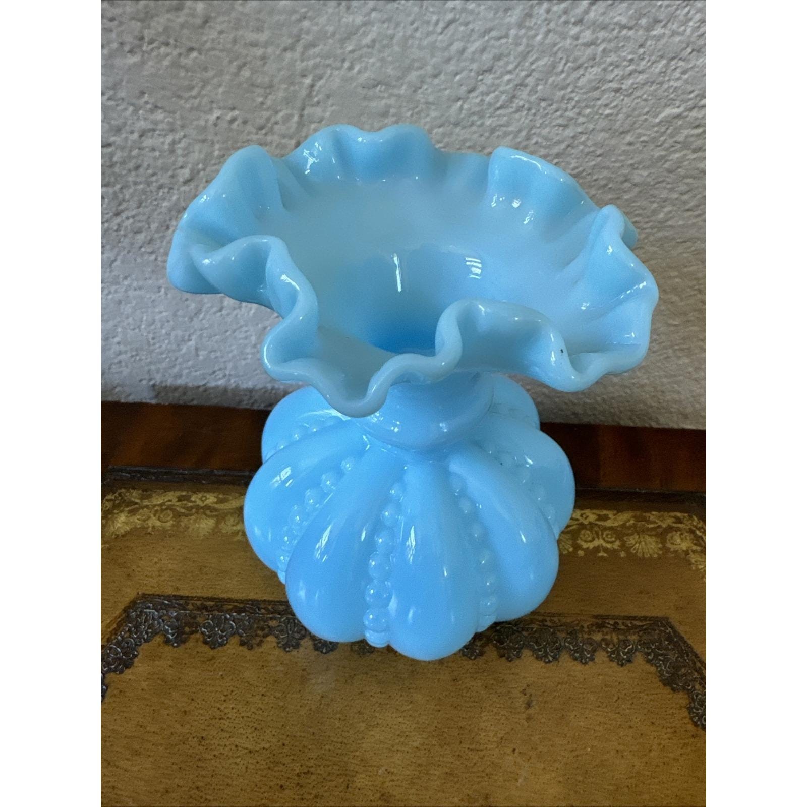 1970s Rare Fenton Blue Milk Glass Beaded Melon Double Crimped