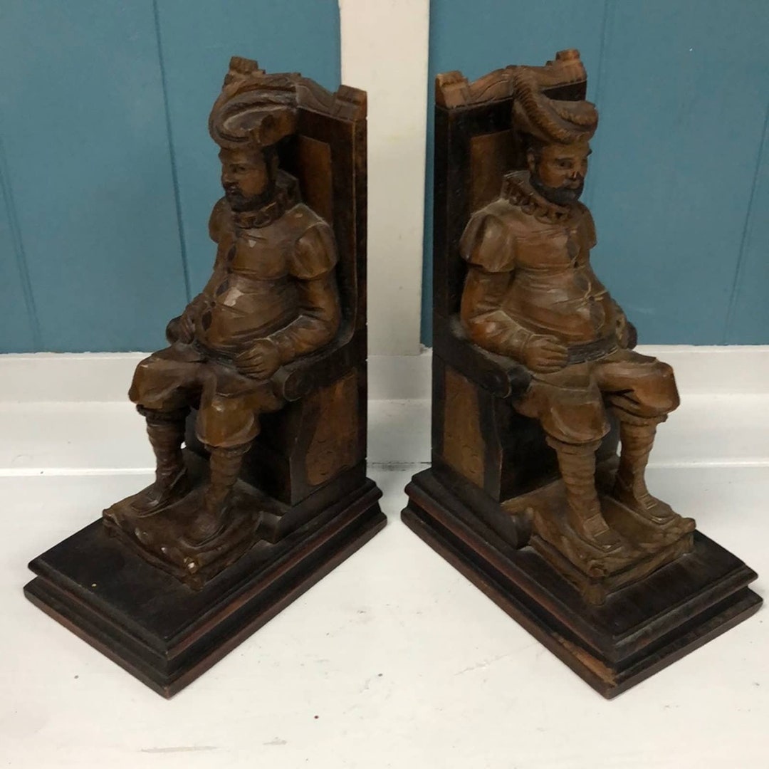 Vintage Hand Carved Wooden Seated Man Bookends Wood 8.5” X 5.5” Sancho ...