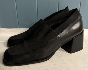 Vintage Y2K 90s Chunky Heel Square Toe Loafer Black Leather Slip
