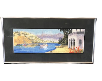 2003 Framed Embroidered Needlepoint Crewel Grand Canal  Boat Lake Italy Fine