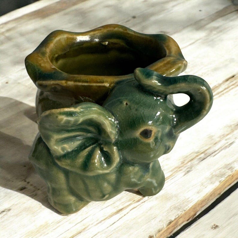 Vintage Majolica Baby Elephant Planter Trunk up Good Luck Bamboo Green ...