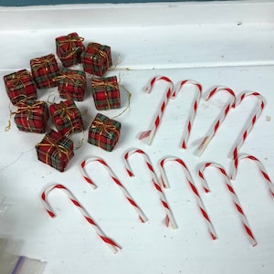 Lot of vintage mini gifts and candy cane ornaments