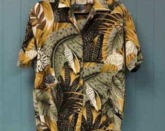 Vtg Le Caviar – Tropiska snäckor, träd och löv – Oversized blus med knappar dammönster
