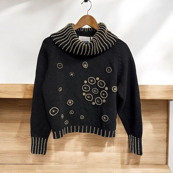 Vintage 80er Jahre Wasserfallkragen Pullover M Gold Tone Perlen